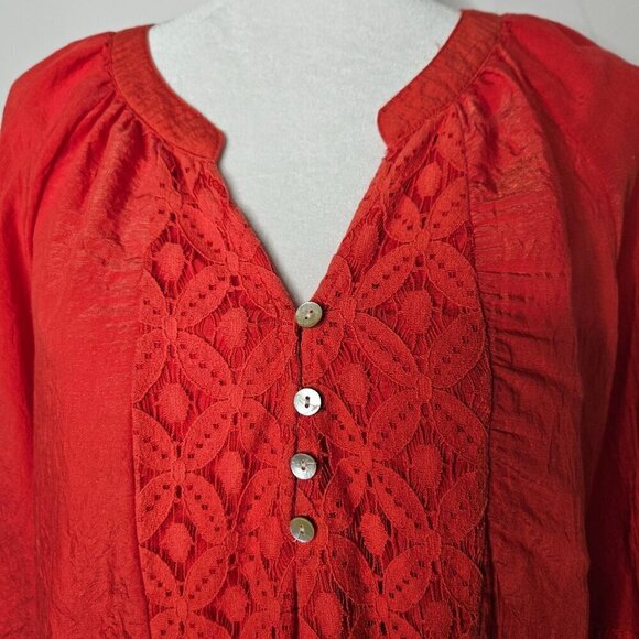 Figueroa & Flower Boho Peasant Rusty Orange Lace Button Neck Top Size Medium - Picture 4 of 9